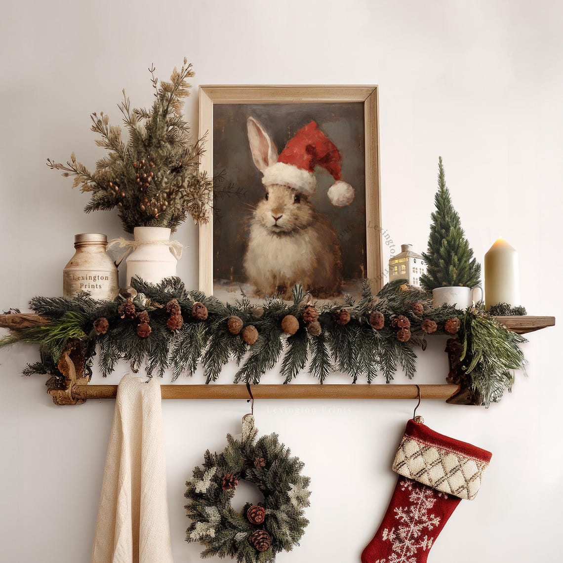 Vintage Christmas Wall Art Bunny Christmas Bunny Painting Winter Rabbit Oil Painting Pet Painting Bunny Hat Santa Christmas Decor Cute 226 - Image 6