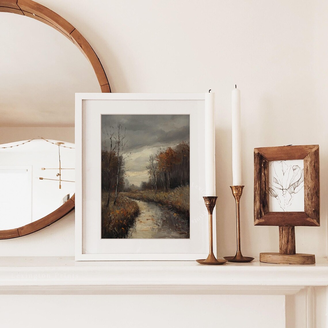 Misty Stream Through Autumn Woods Stormy Sky Oil Painting Poster - Image 2