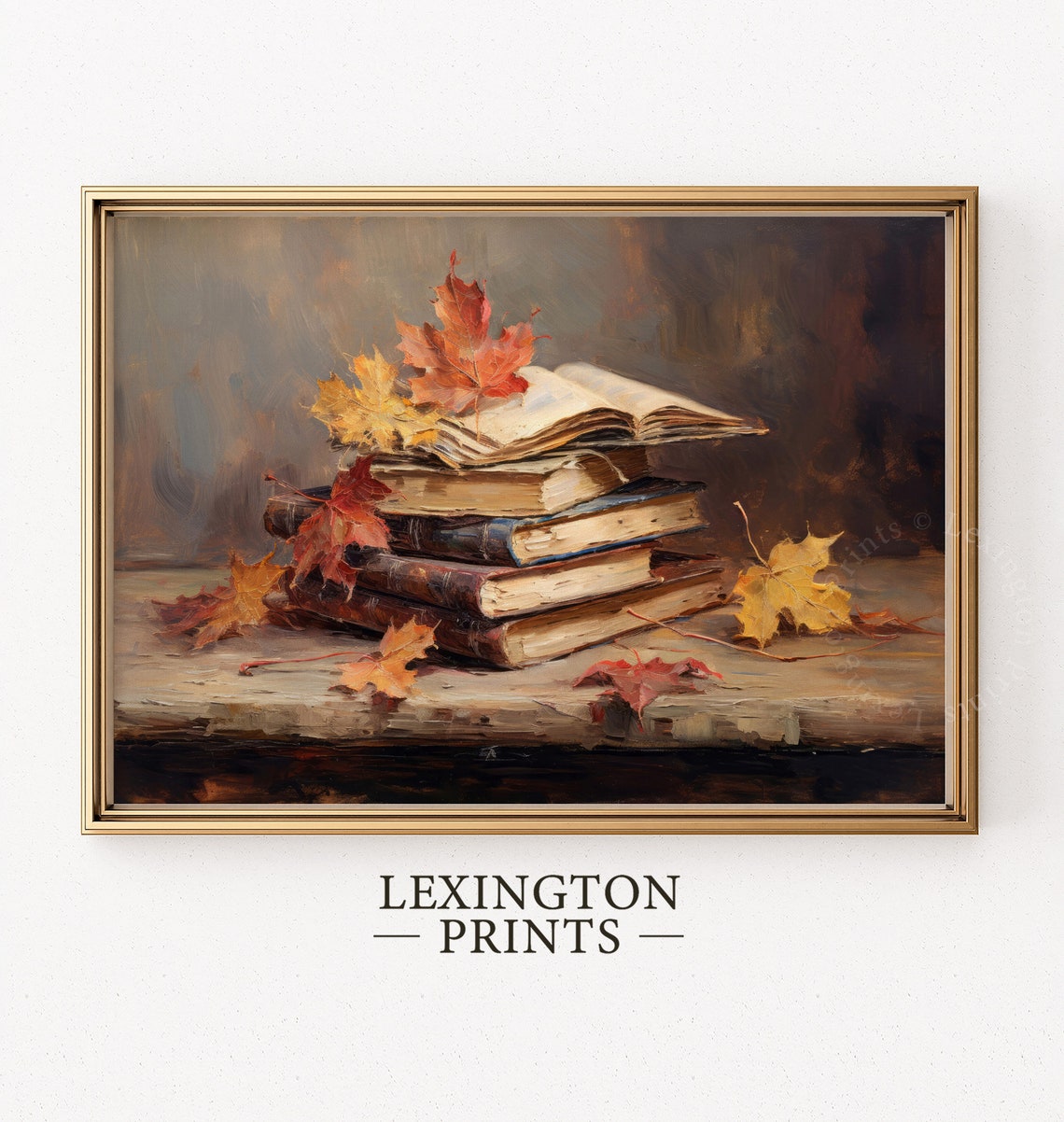 Stack of Books with Autumn Maple Leaves Still Life Fall Reading Poster - Image 2