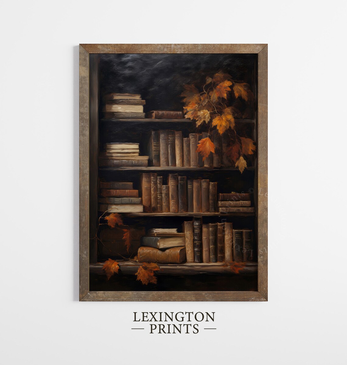 Dark Moody Bookshelf Vintage Books Autumn Maple Leaves Rustic Painting Poster - Image 3