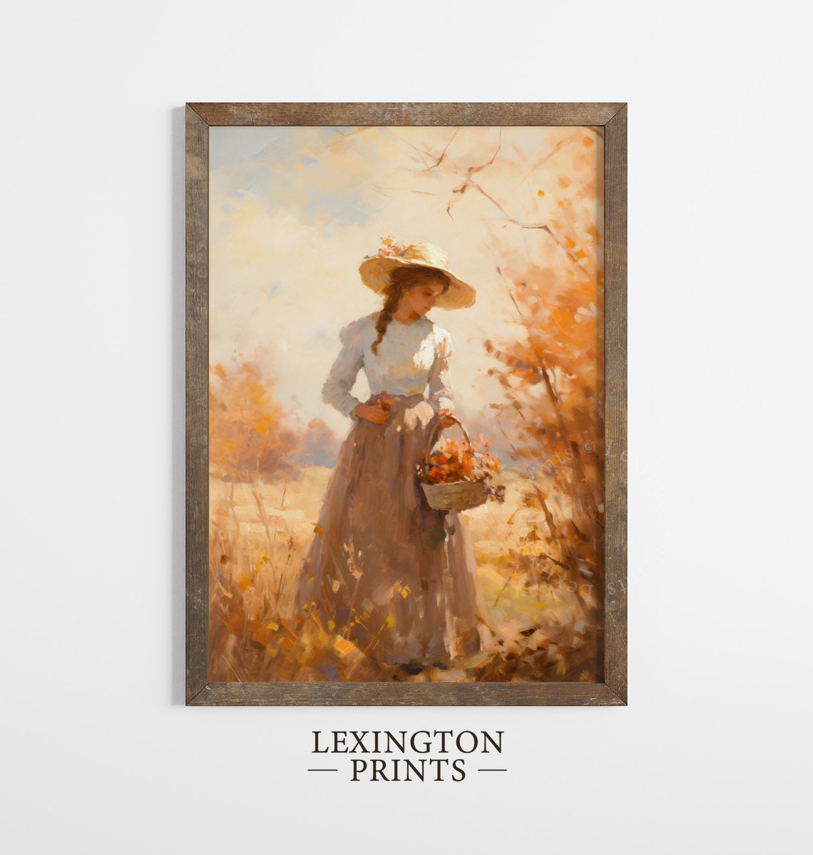 Woman with Flower Basket in Golden Autumn Field Romantic Fall Poster - Image 8