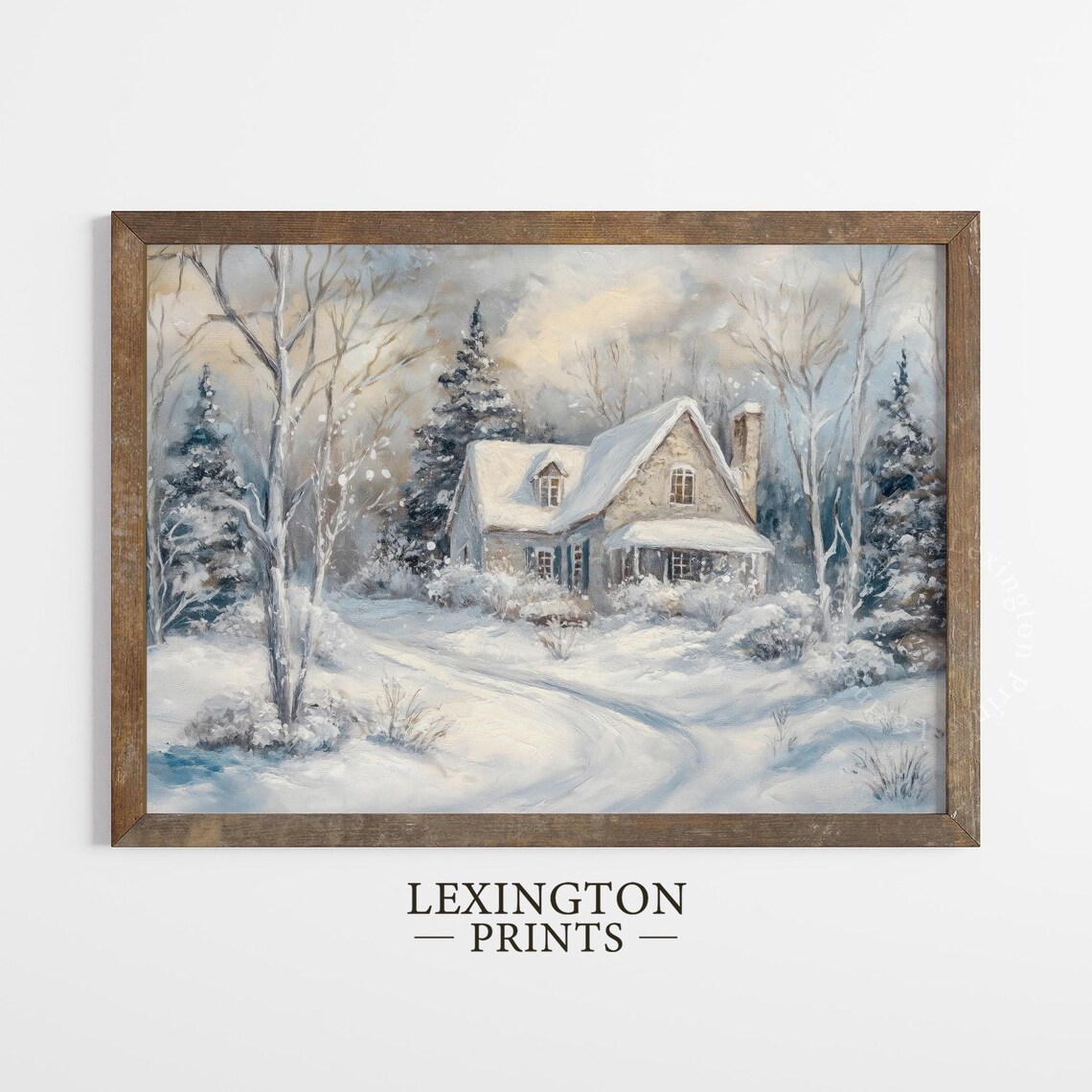 Snow Covered Cottage in Winter Woodland Peaceful Snowfall Art Print - Image 4