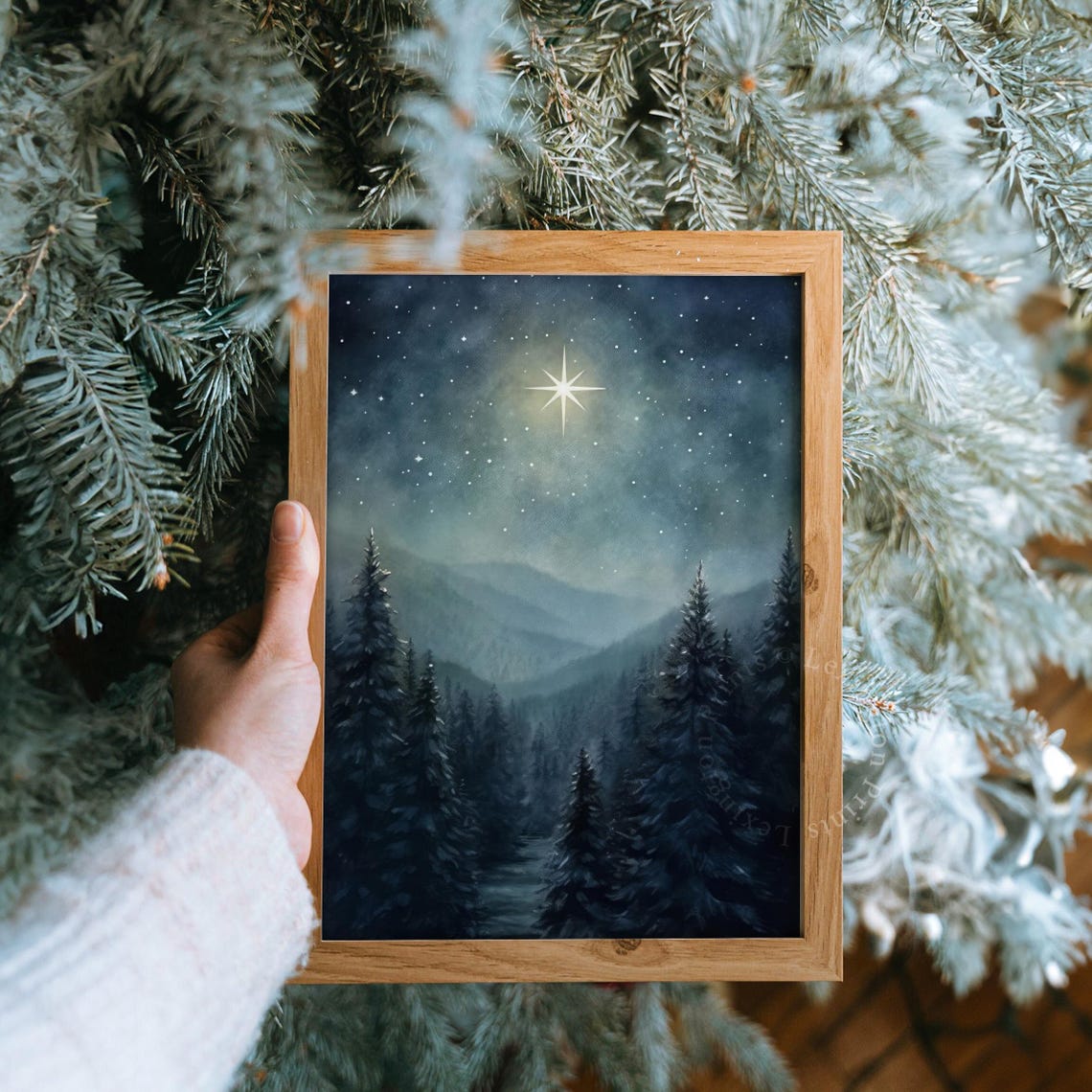 Christmas Star Night Sky Pine Forest Winter Landscape Poster - Image 8