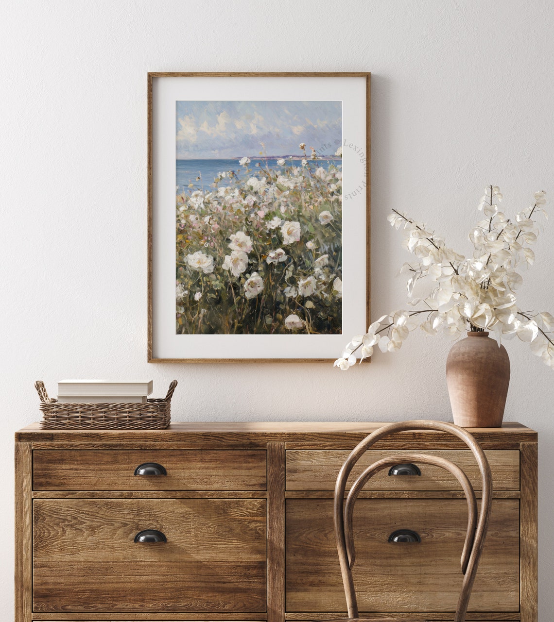 White Wildflowers by the Sea Coastal Summer Vintage Painting Poster