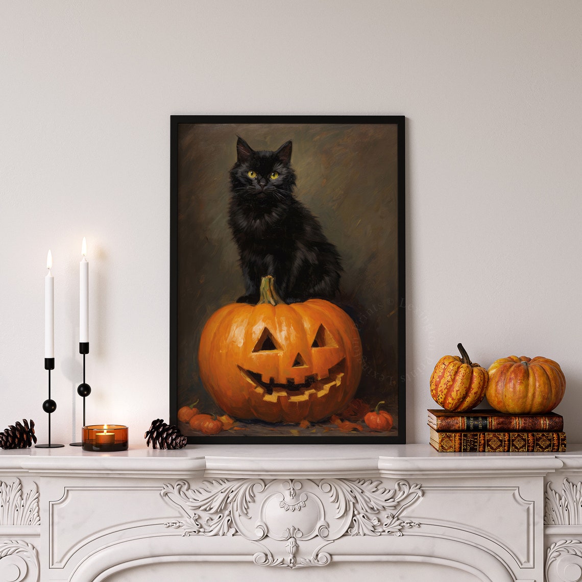 Black Cat Sitting on Carved Jack O Lantern Spooky Halloween Poster - Image 5