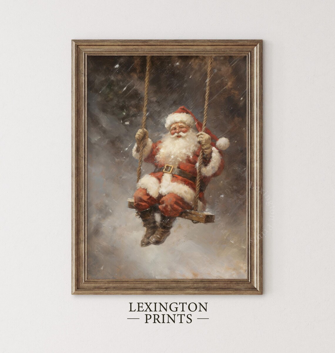 Vintage Santa Claus Swinging in Snow Oil Painting Christmas Poster - Image 2