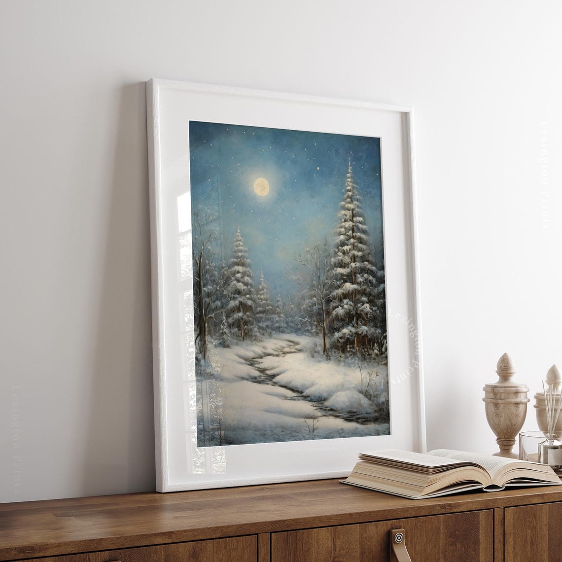 Vintage Christmas Landscape Painting Christmas Wall Art Christmas Print Forest Wall Art Winter Print Oil Painting Art Twilight Art Moon 315 - Image 3