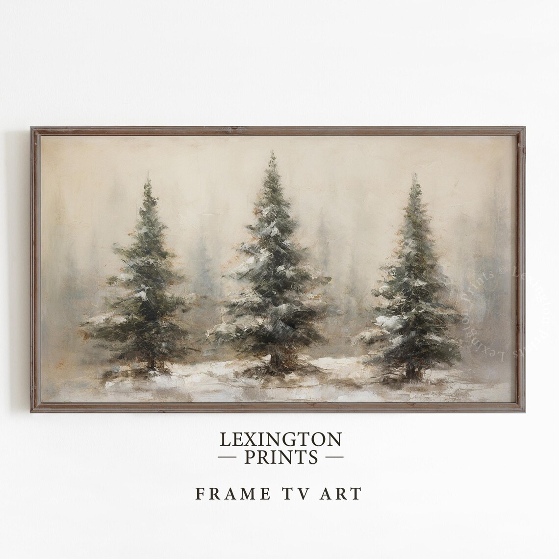 Three Snowy Evergreen Trees in Winter Fog Frame TV Art Poster - Image 5