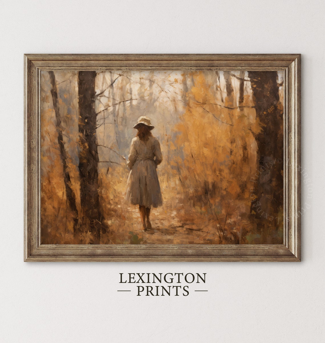 Woman Walking into Golden Autumn Forest Oil Painting Fall Poster