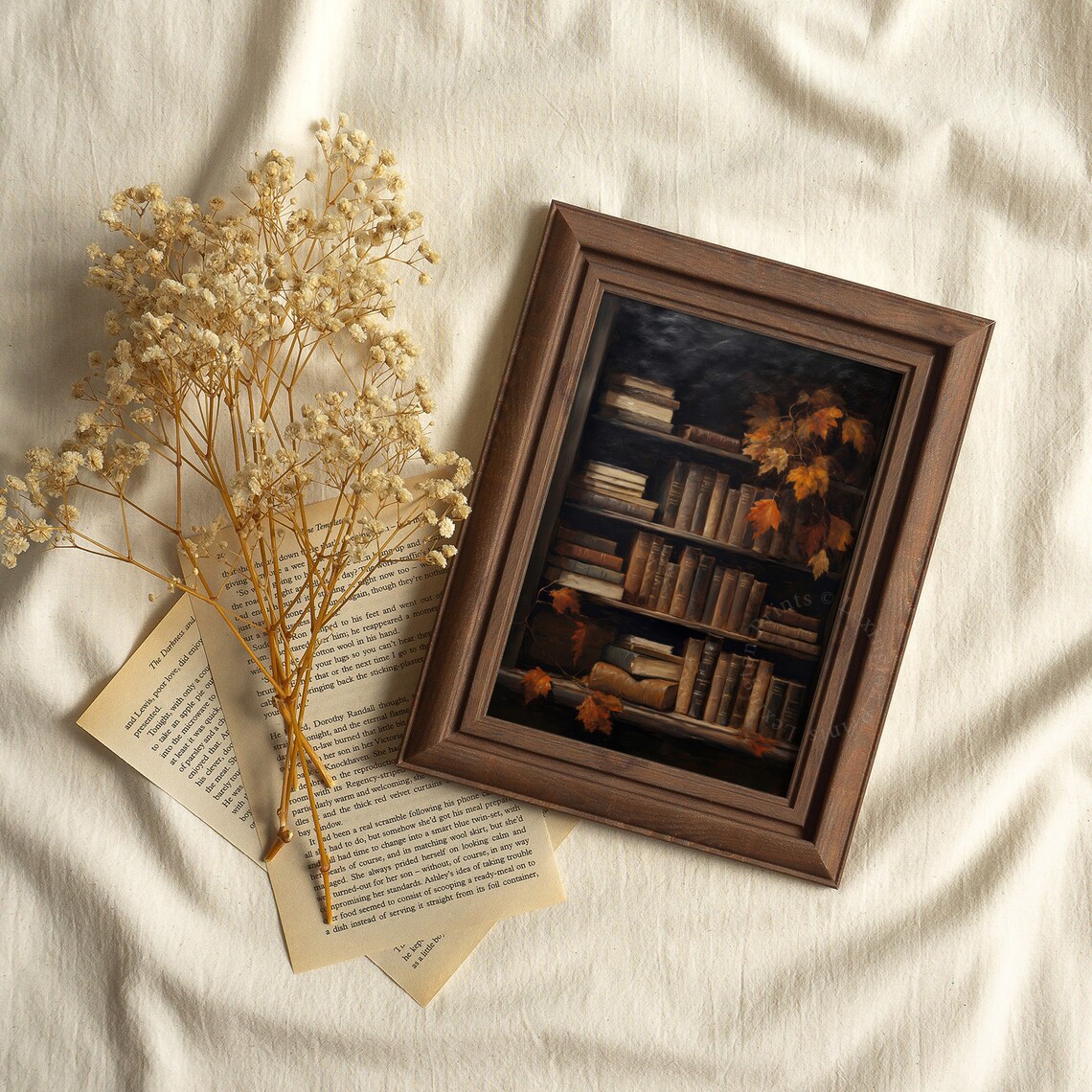 Dark Moody Bookshelf Vintage Books Autumn Maple Leaves Rustic Painting Poster - Image 4
