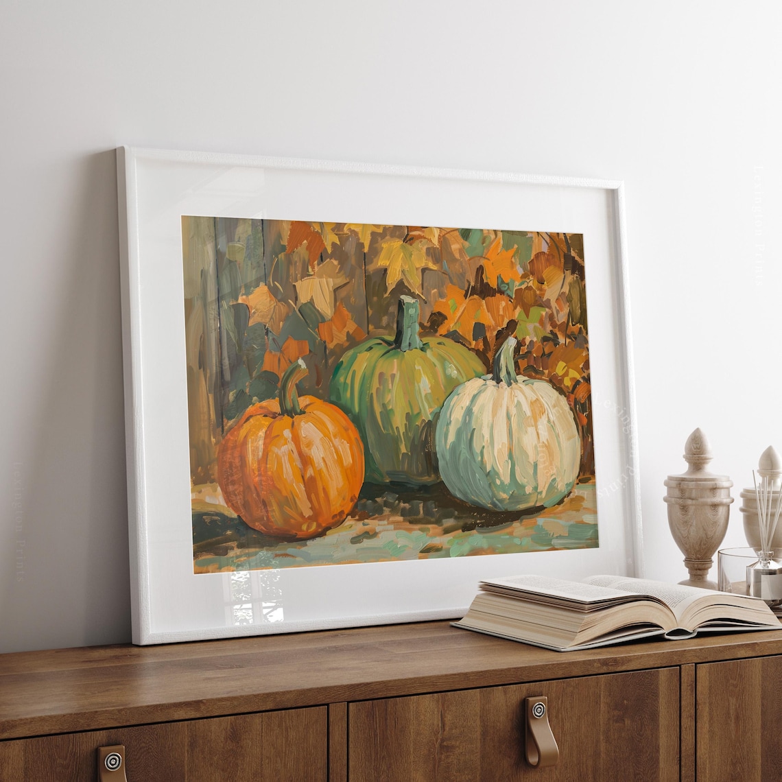 Three Pumpkins Still Life with Autumn Leaves Oil Painting Poster - Image 7
