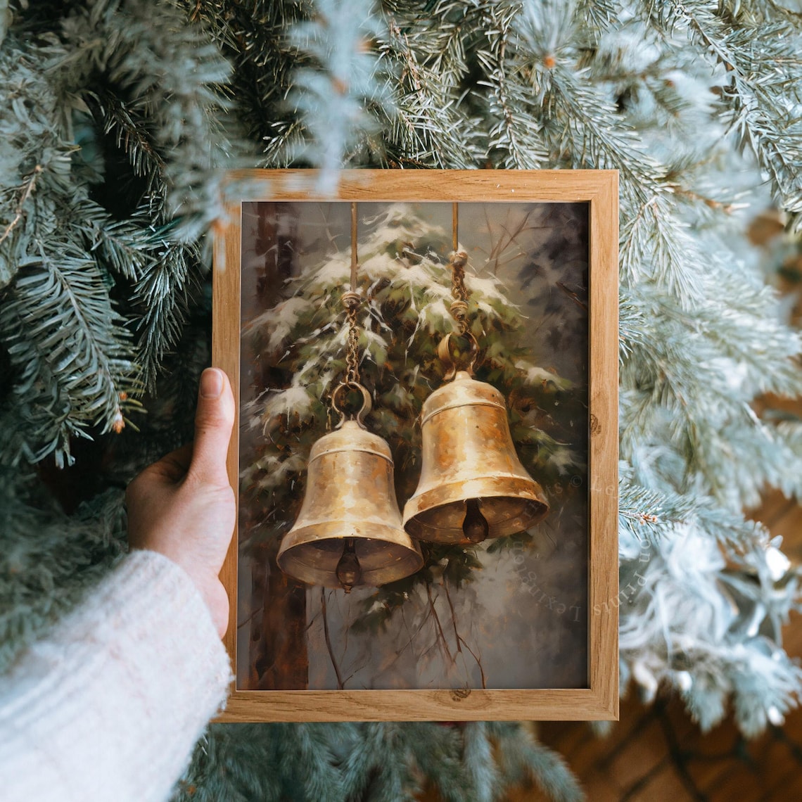 Golden Brass Bells Snowy Fir Branch Vintage Christmas Painting Poster - Image 8