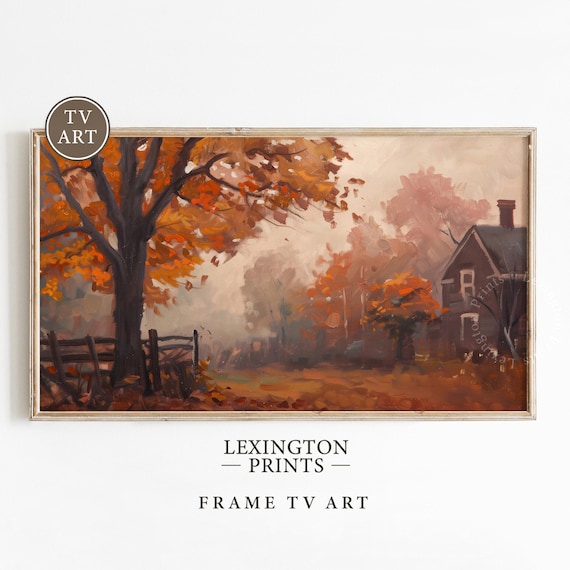 Foggy Autumn Farmhouse with Orange Trees and Fence TV Art Poster