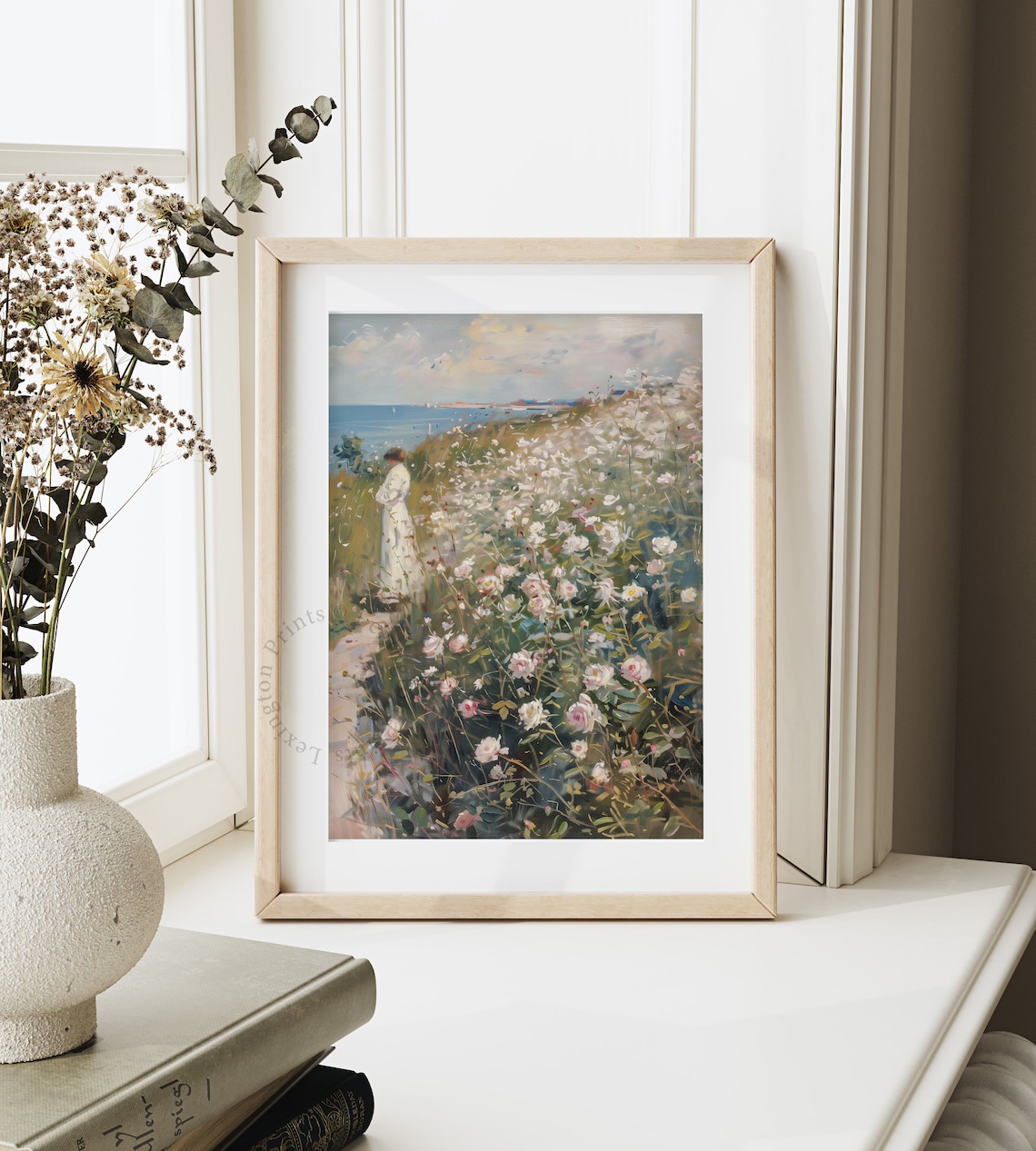 Woman in Rose Garden by the Sea Impressionist Oil Painting Poster - Image 3