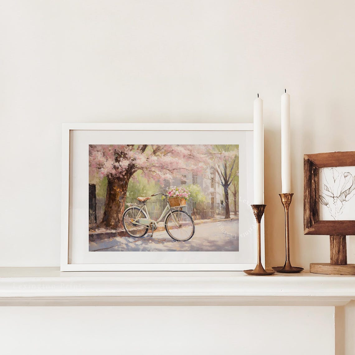 Vintage Bicycle With Flower Basket Under Cherry Blossom Tree Print - Image 3