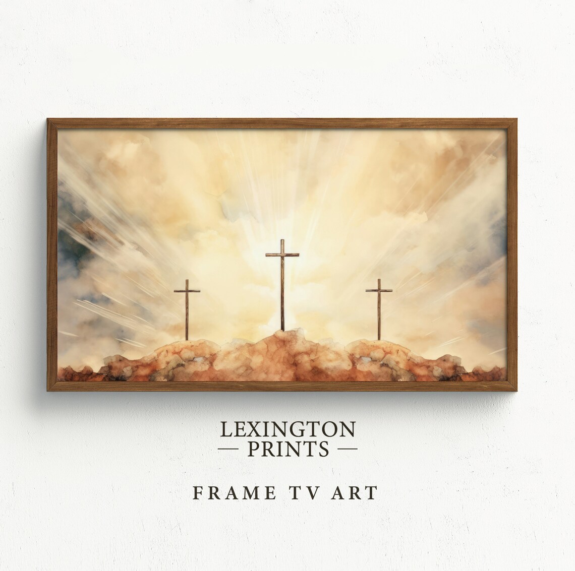 Three Crosses Of Calvary Golden Sunrise Watercolor Frame TV Art Poster - Image 5