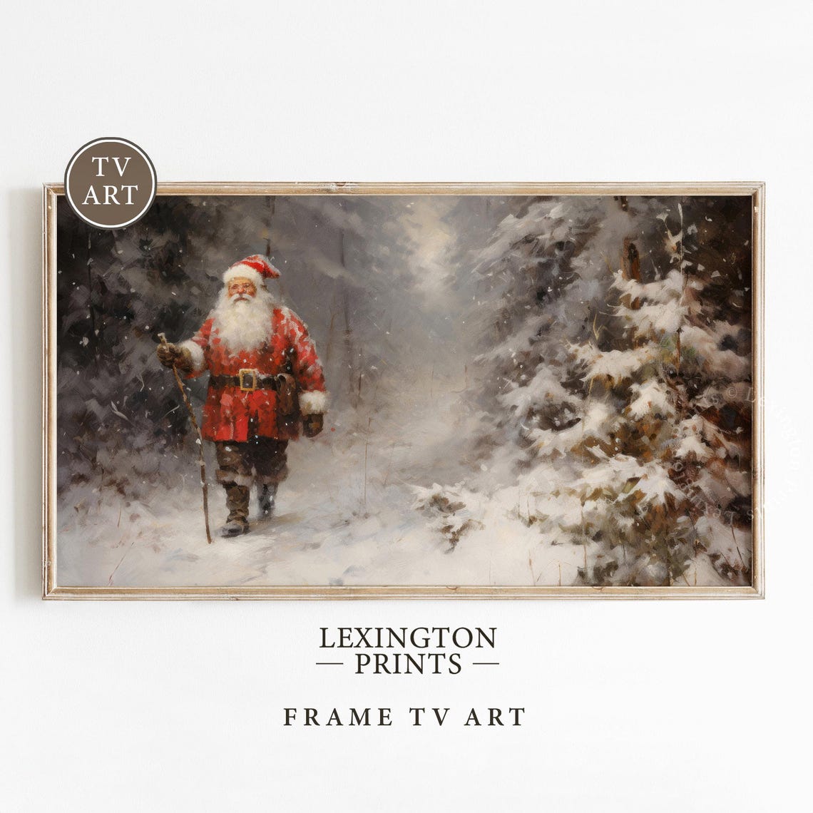 Santa Claus Walking Through Snowy Forest Winter Frame TV Art Poster