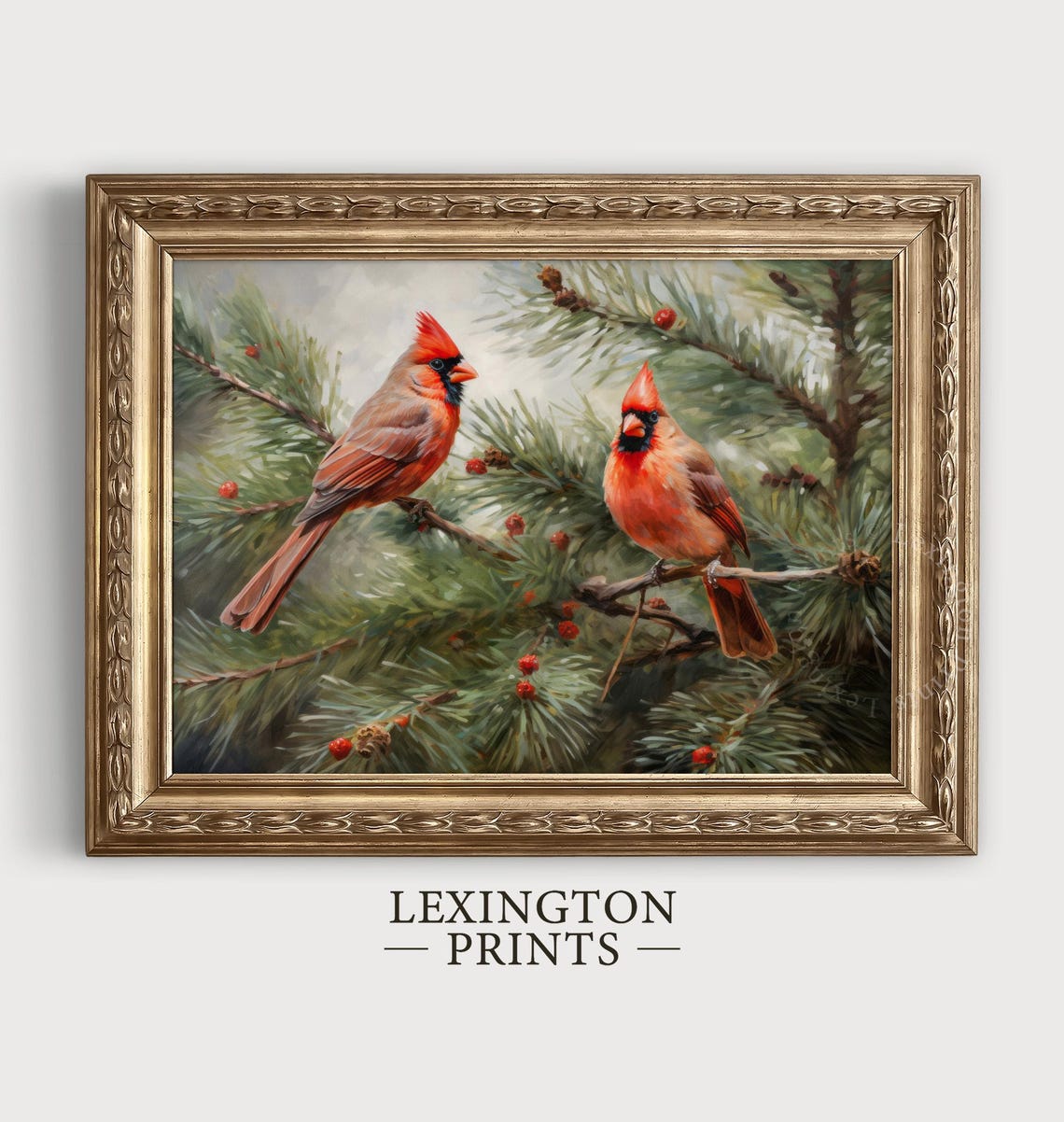 Red Cardinals Pine Branch Berries Winter Bird Painting Poster - Image 5