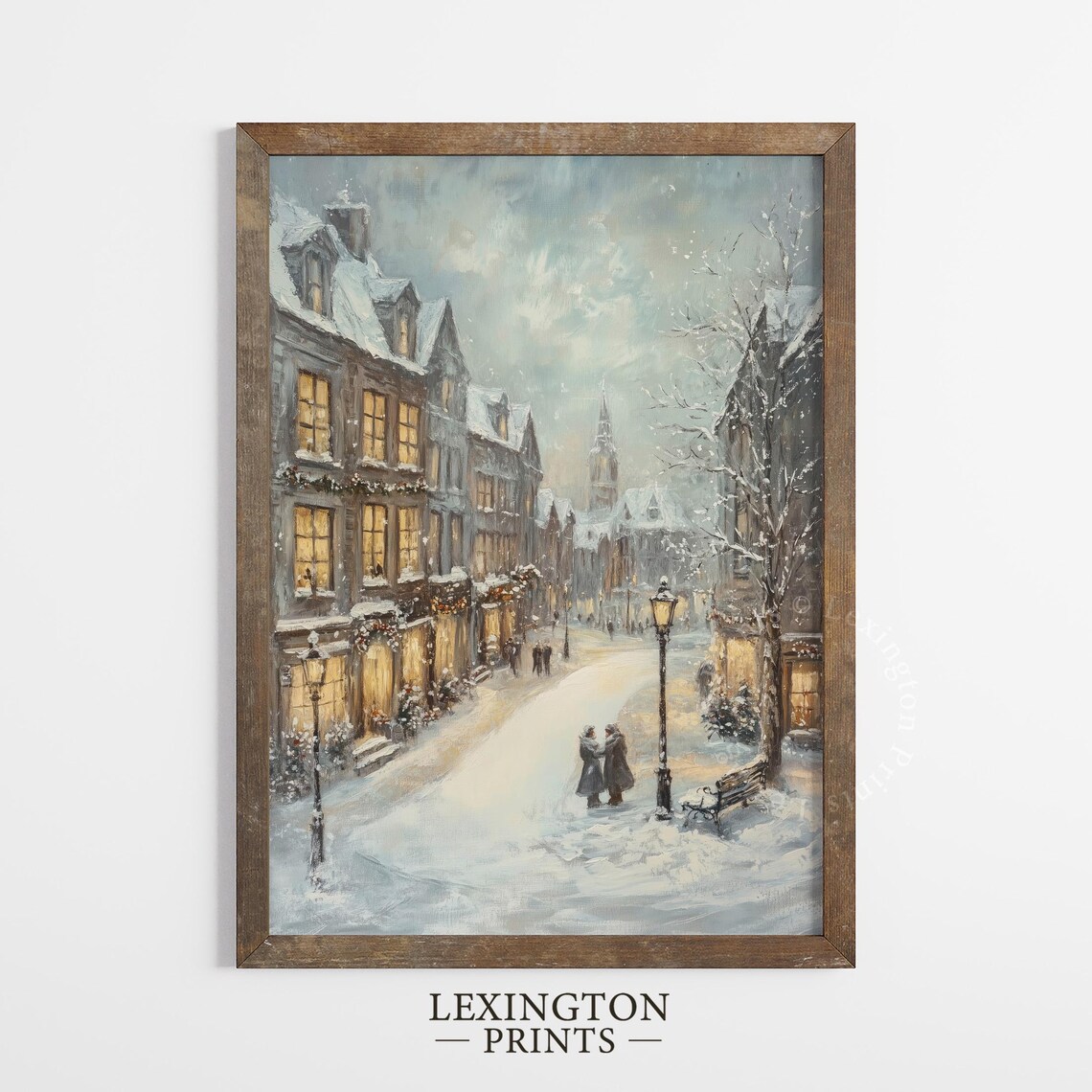 Snowy Lamplit Old Town Christmas Street Winter Painting Poster - Image 4