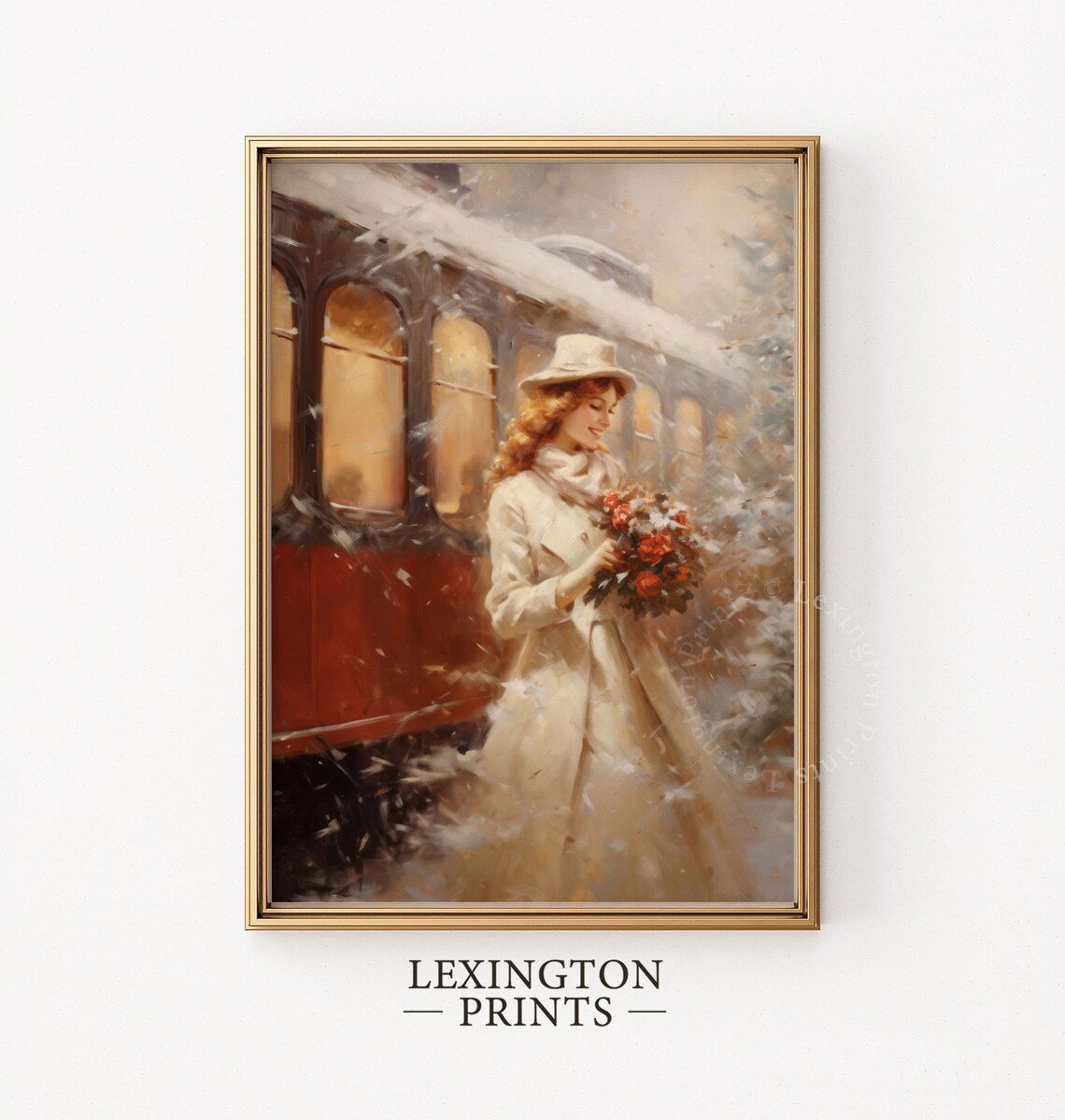 Vintage Christmas Woman Winter Train Red Bouquet Oil Painting Poster - Image 5