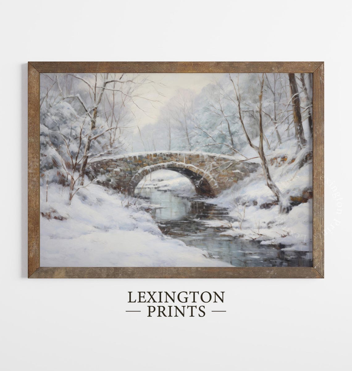 Snowy Stone Bridge Winter Landscape Painting Vintage Wall Art - Image 5