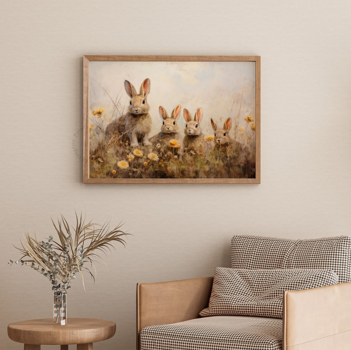 Four Bunnies in Spring Meadow with Yellow Flowers Vintage Wall Art - Image 3