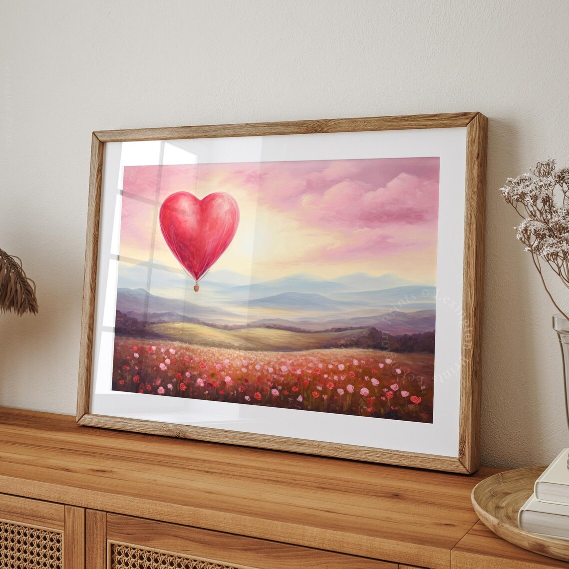 Red Heart Hot Air Balloon Floating Over Pink Flower Field Art Print - Image 8