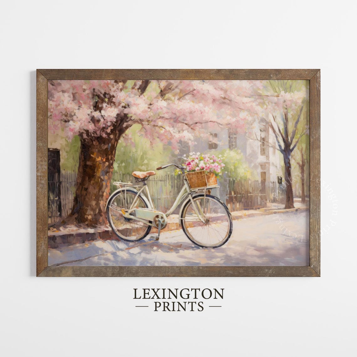 Vintage Bicycle With Flower Basket Under Cherry Blossom Tree Print - Image 5