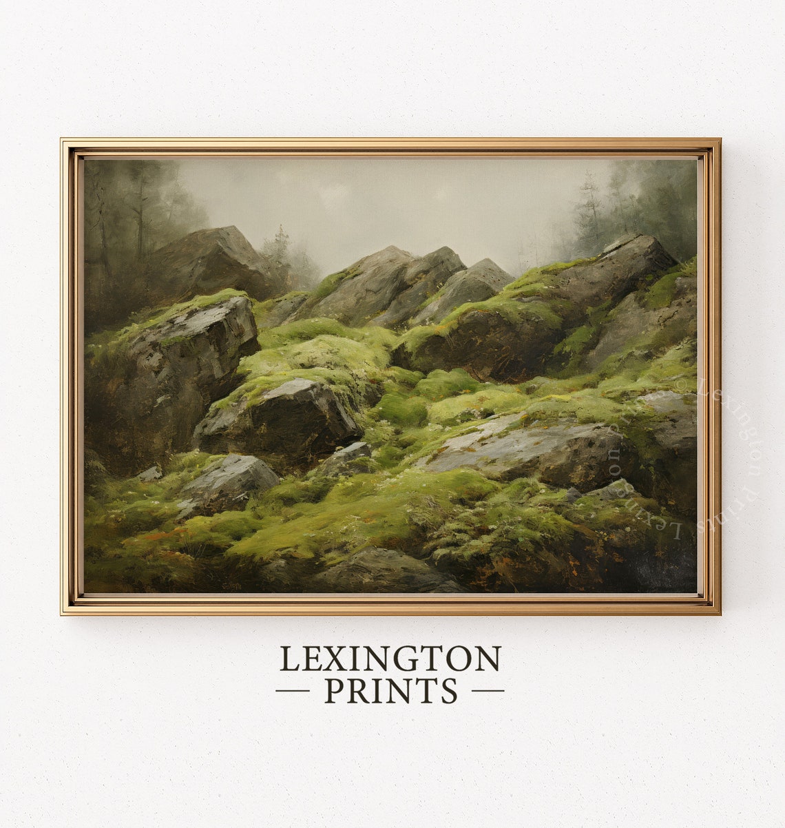 Moss Covered Rocks in Misty Green Forest Oil Painting Poster - Image 2