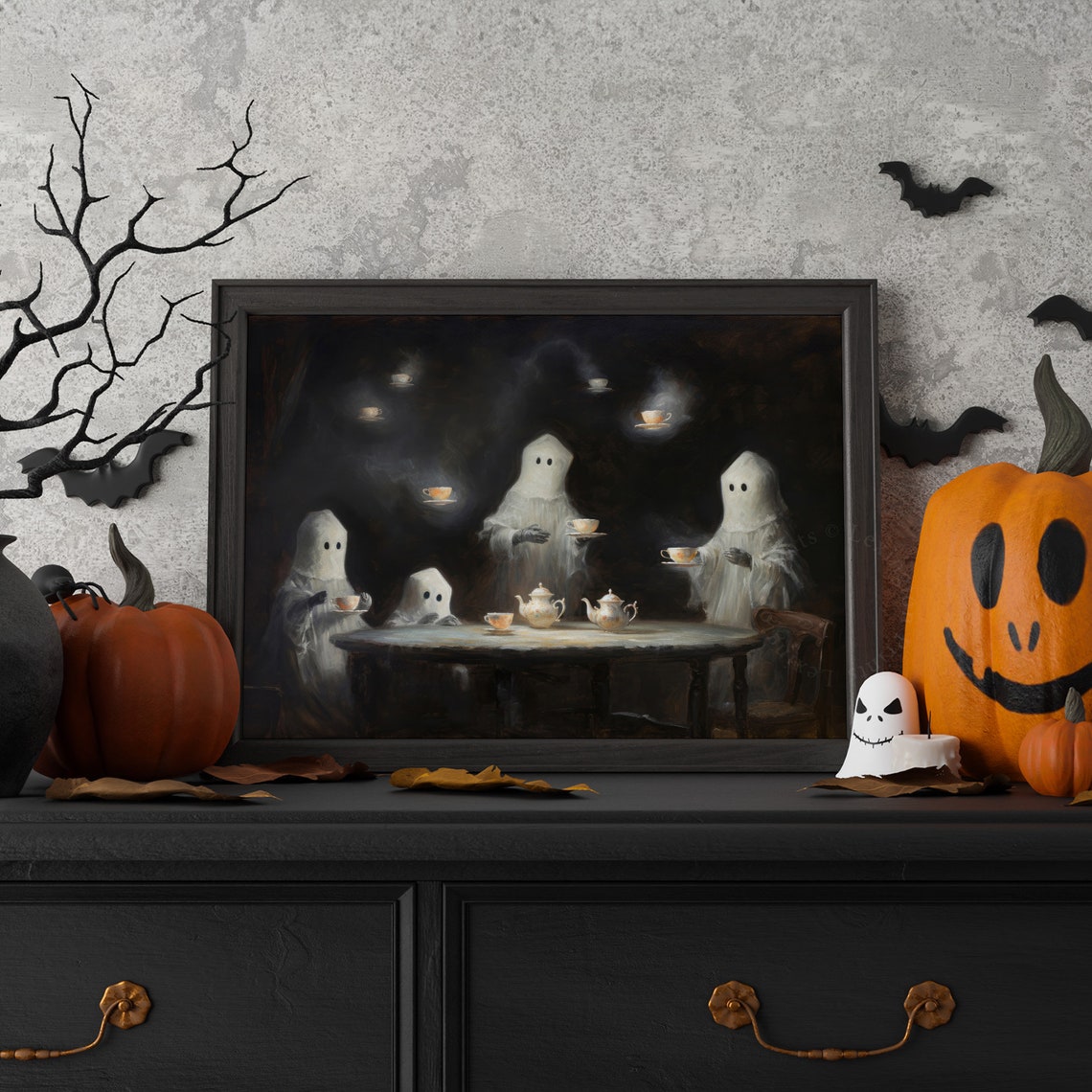 Cute Ghosts Tea Party Spooky Friends Vintage Style Halloween Wall Art - Image 6
