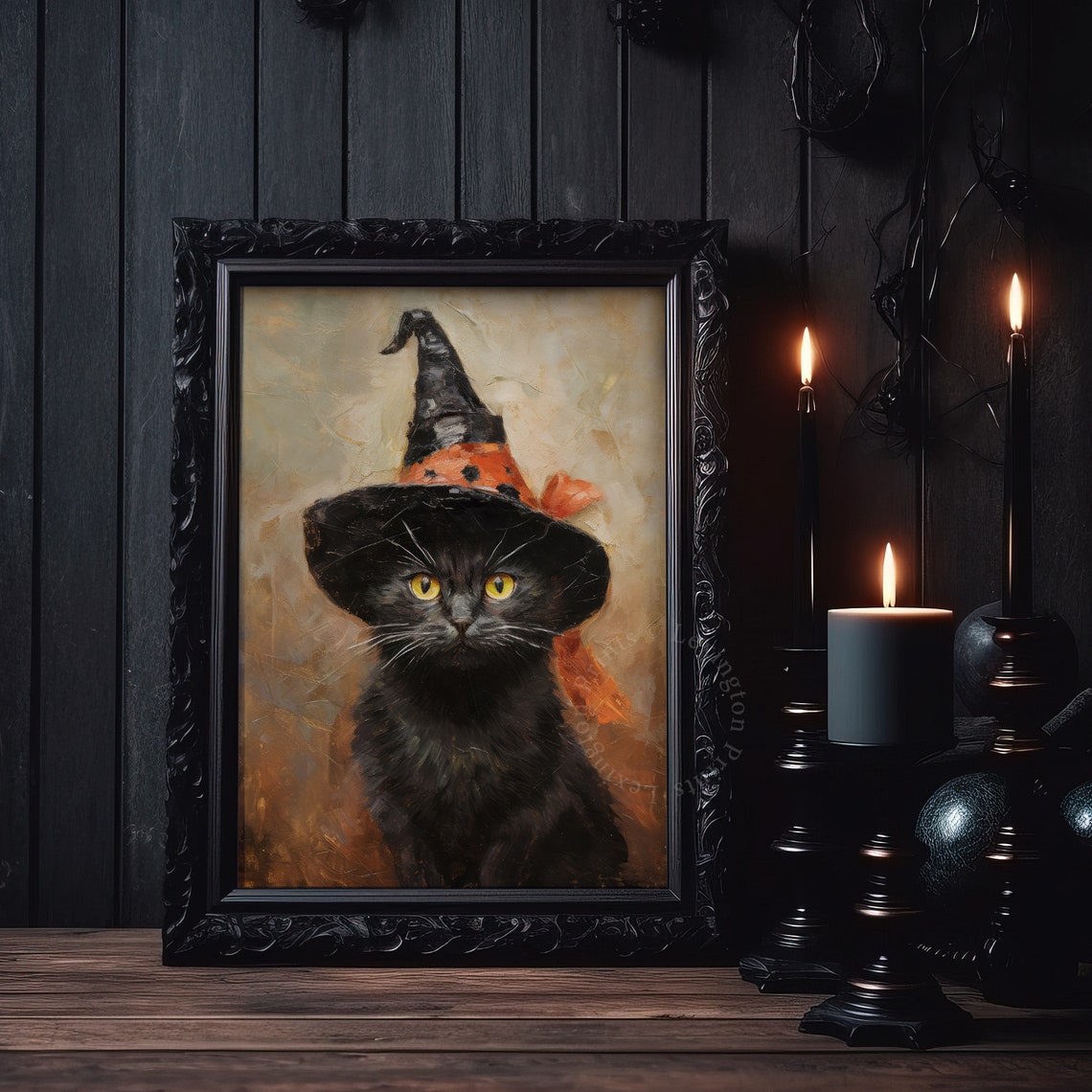 Black Cat With Yellow Eyes Wearing Witch Hat With Orange Bow Poster - Image 8