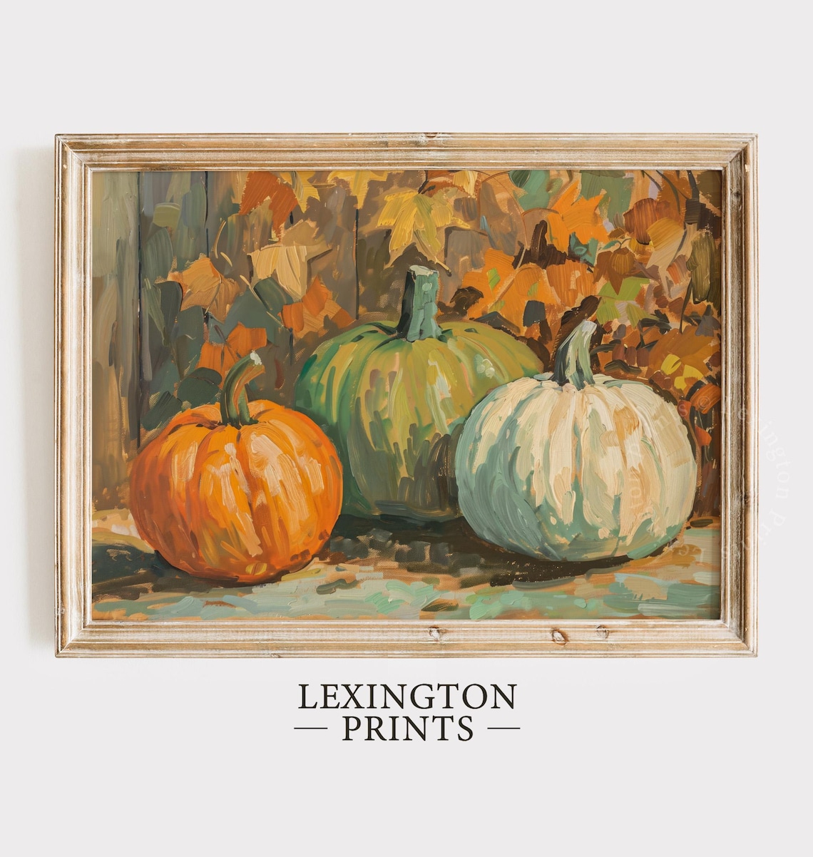 Three Pumpkins Still Life with Autumn Leaves Oil Painting Poster - Image 4