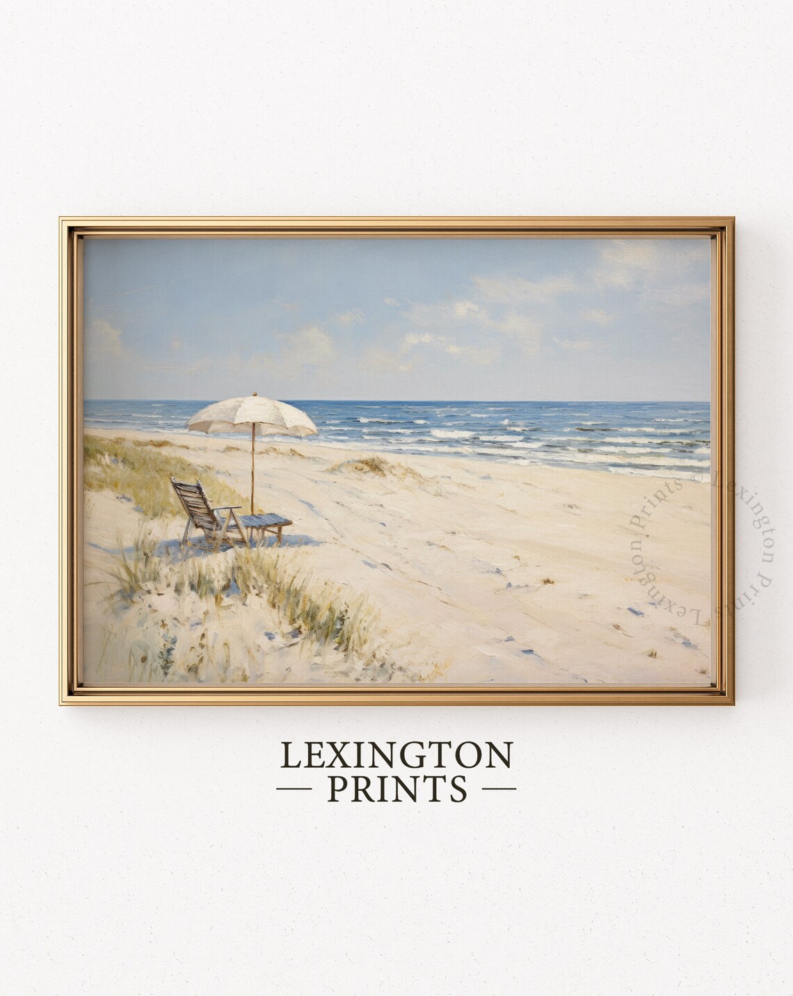 White Beach Umbrella Chairs Tranquil Ocean Oil Painting Coastal Poster - Image 6