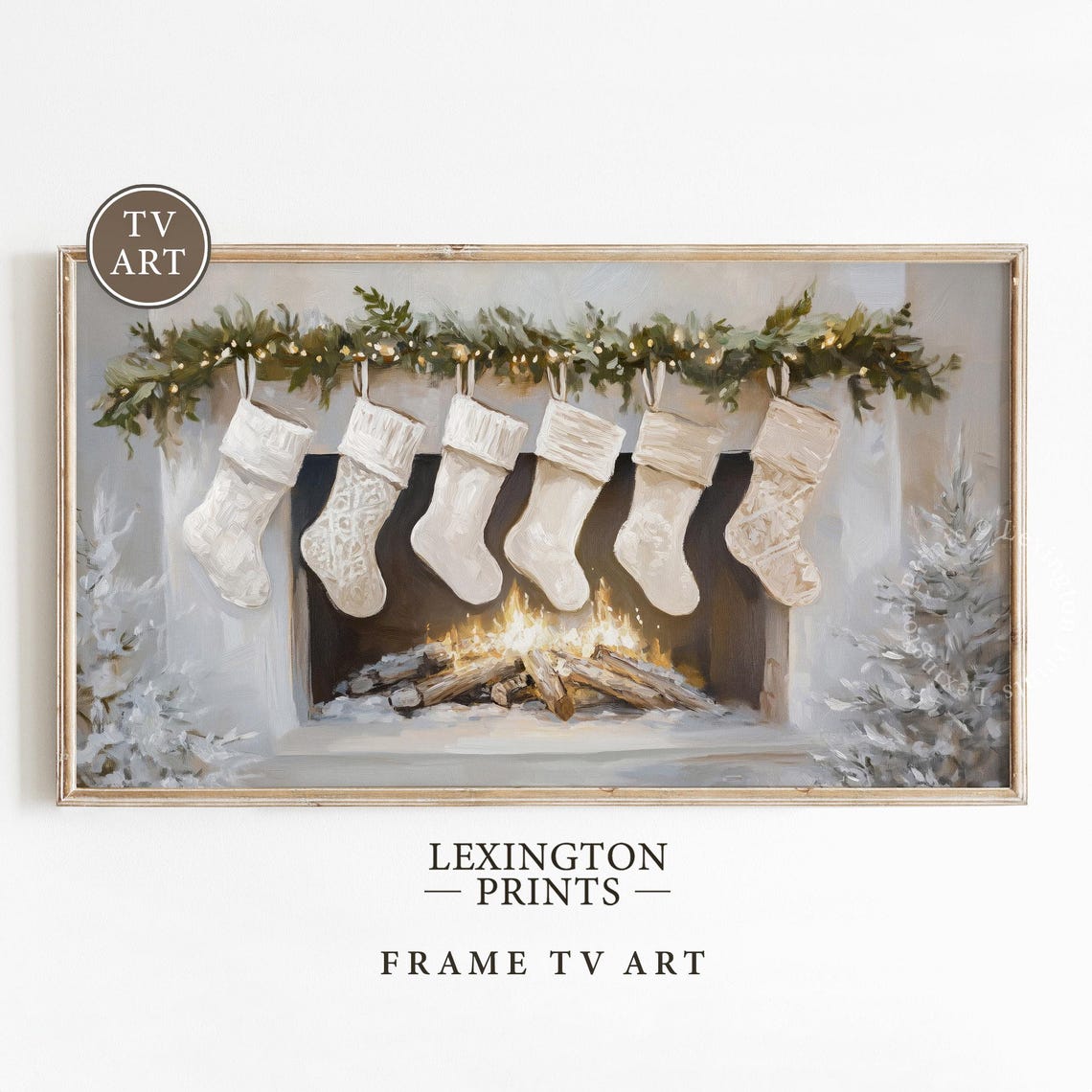 White Christmas Stockings Fireplace Mantel Neutral Holiday TV Poster