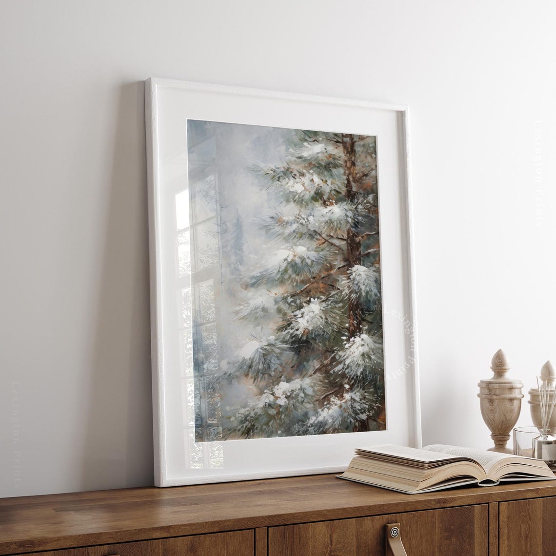 Snow Covered Pine Tree Branches Misty Winter Forest Close Up Poster - Image 3