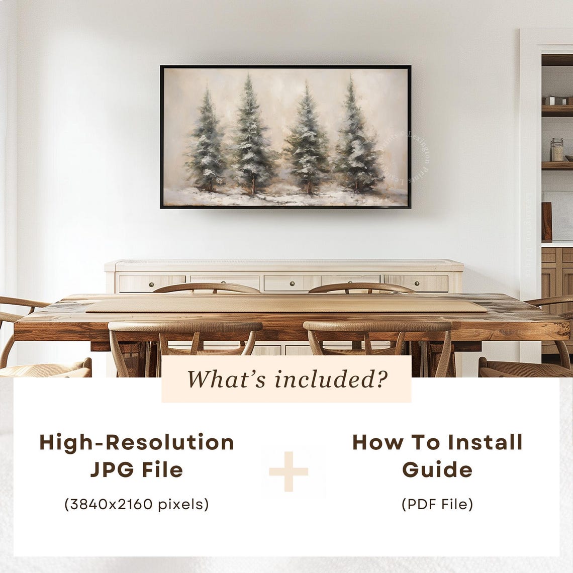 Four Snowy Pine Trees Neutral Winter Oil Painting Scene Poster - Image 4