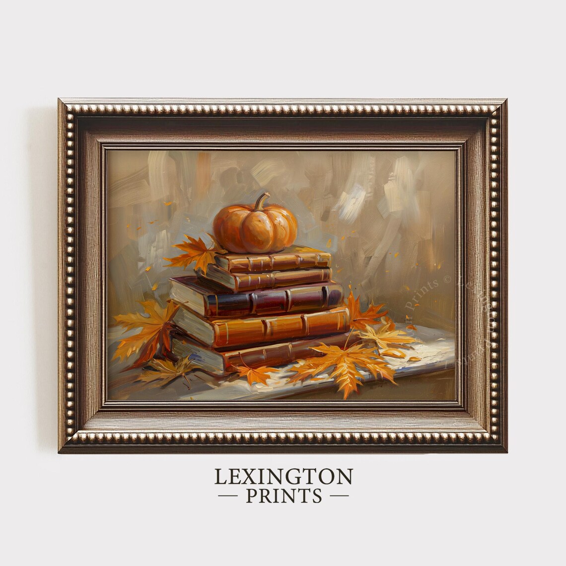 Stack of Vintage Books with Pumpkin Maple Leaves Oil Painting Fall Poster - Image 6