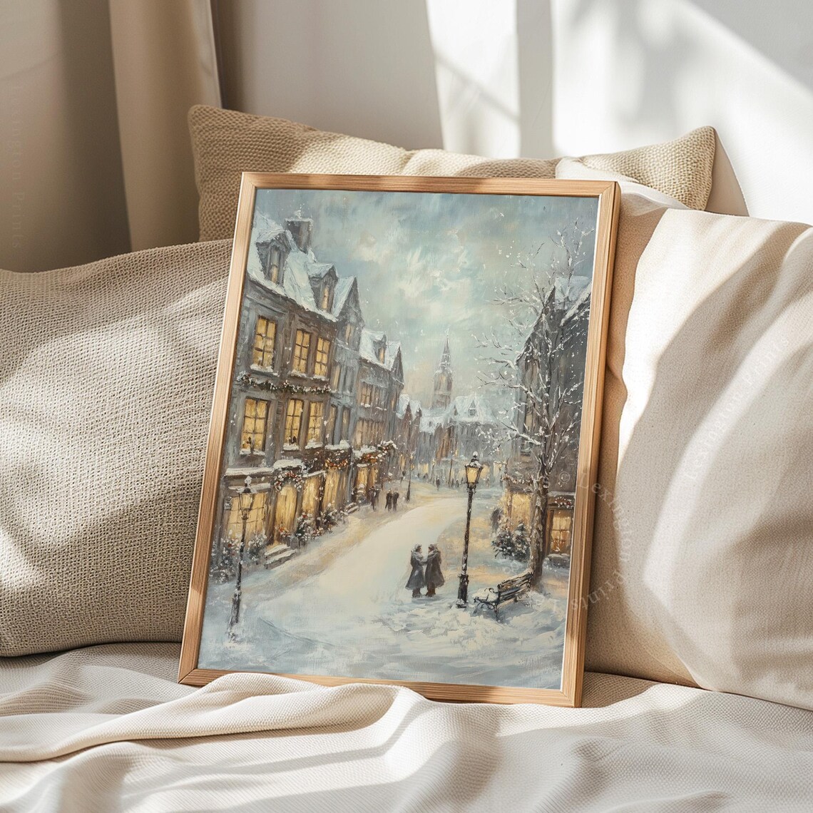 Snowy Lamplit Old Town Christmas Street Winter Painting Poster - Image 8