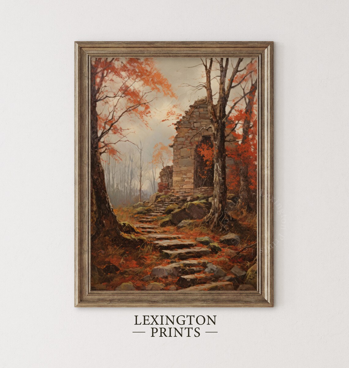 Autumn Stone Ruin Mossy Steps Red Orange Forest Vintage Landscape Poster - Image 4