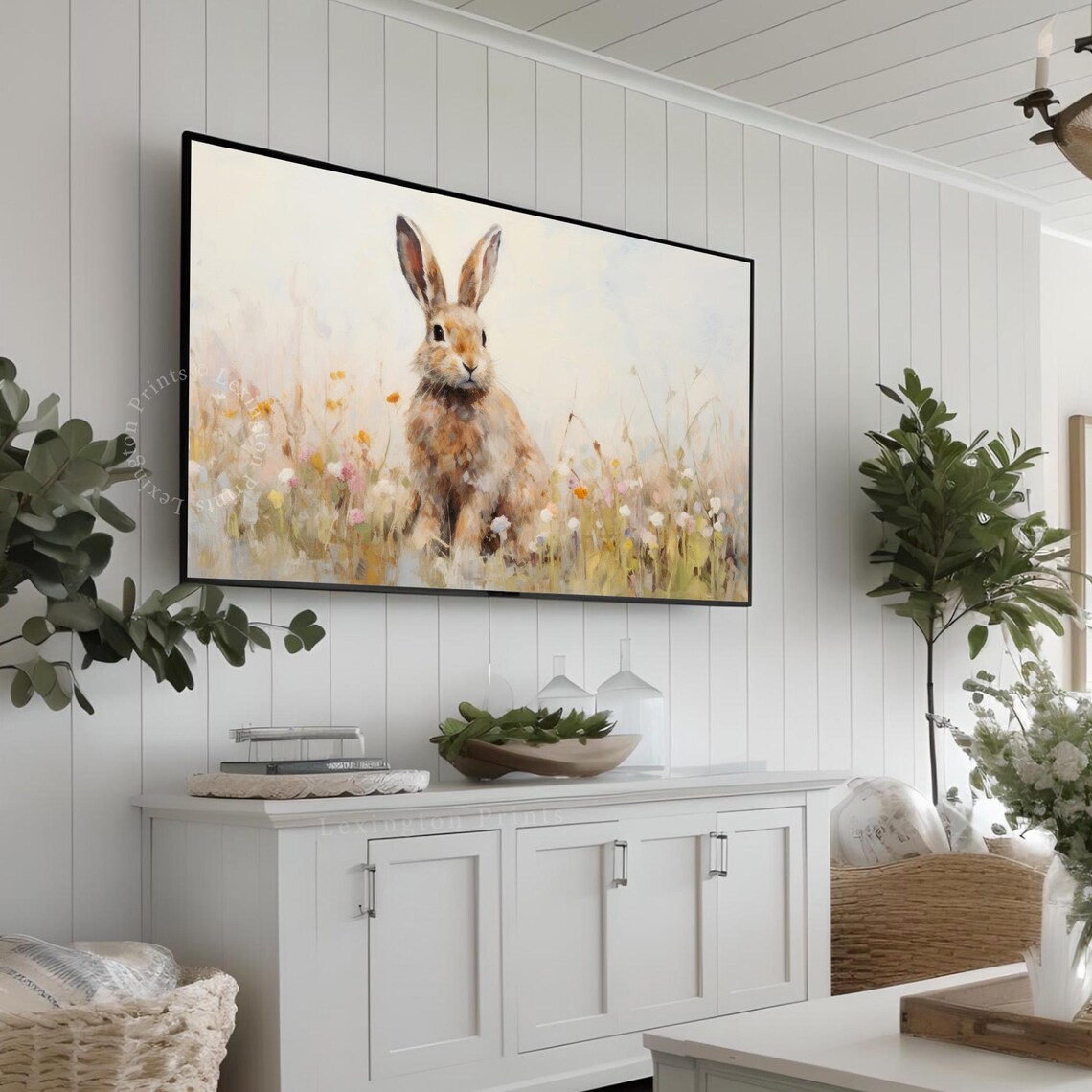 Watercolor Bunny Rabbit Wildflower Meadow Spring Pastel Frame TV Poster - Image 3