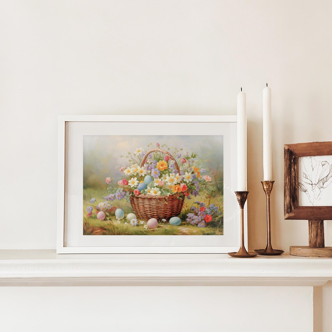 Easter Basket Spring Flowers Pastel Eggs Wicker Floral Still Life Poster - Image 3