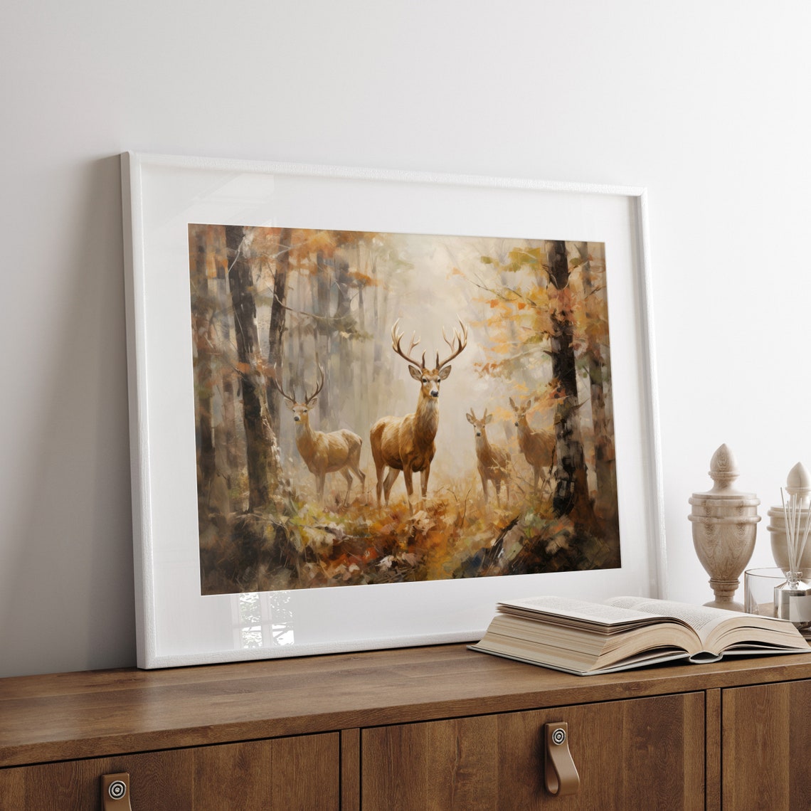 Deer Family in Misty Autumn Forest Rustic Fall Wildlife Wall Art - Image 3
