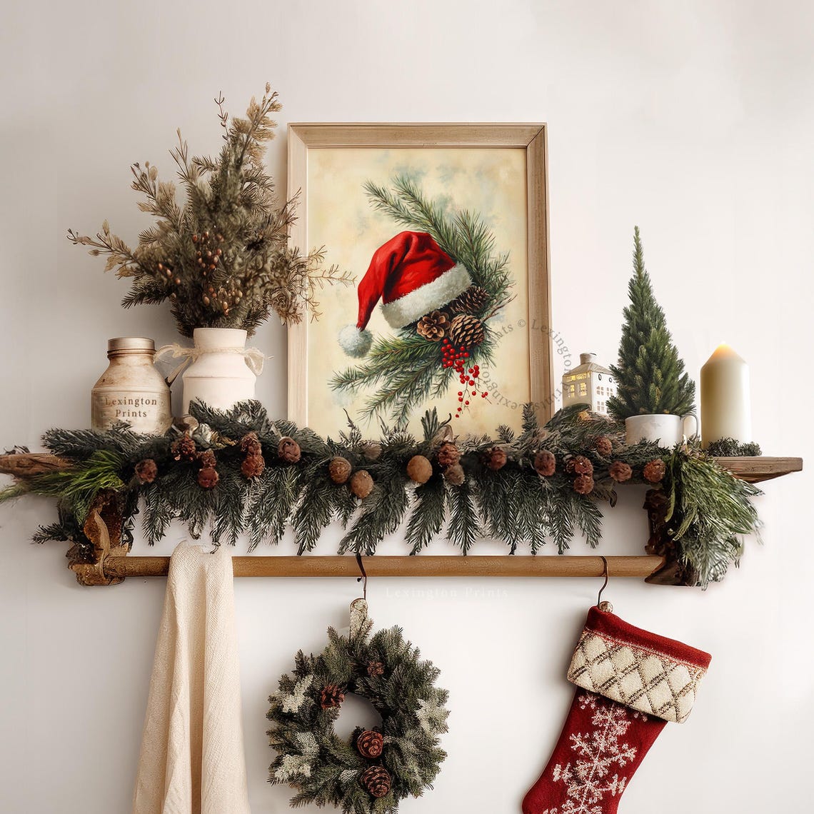 Santa Hat with Pine Branches and Pinecones Christmas Painting Poster - Image 7