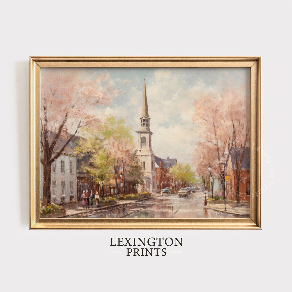 Spring Cherry Blossom Street Church Steeple Vintage Painting Poster - Image 5