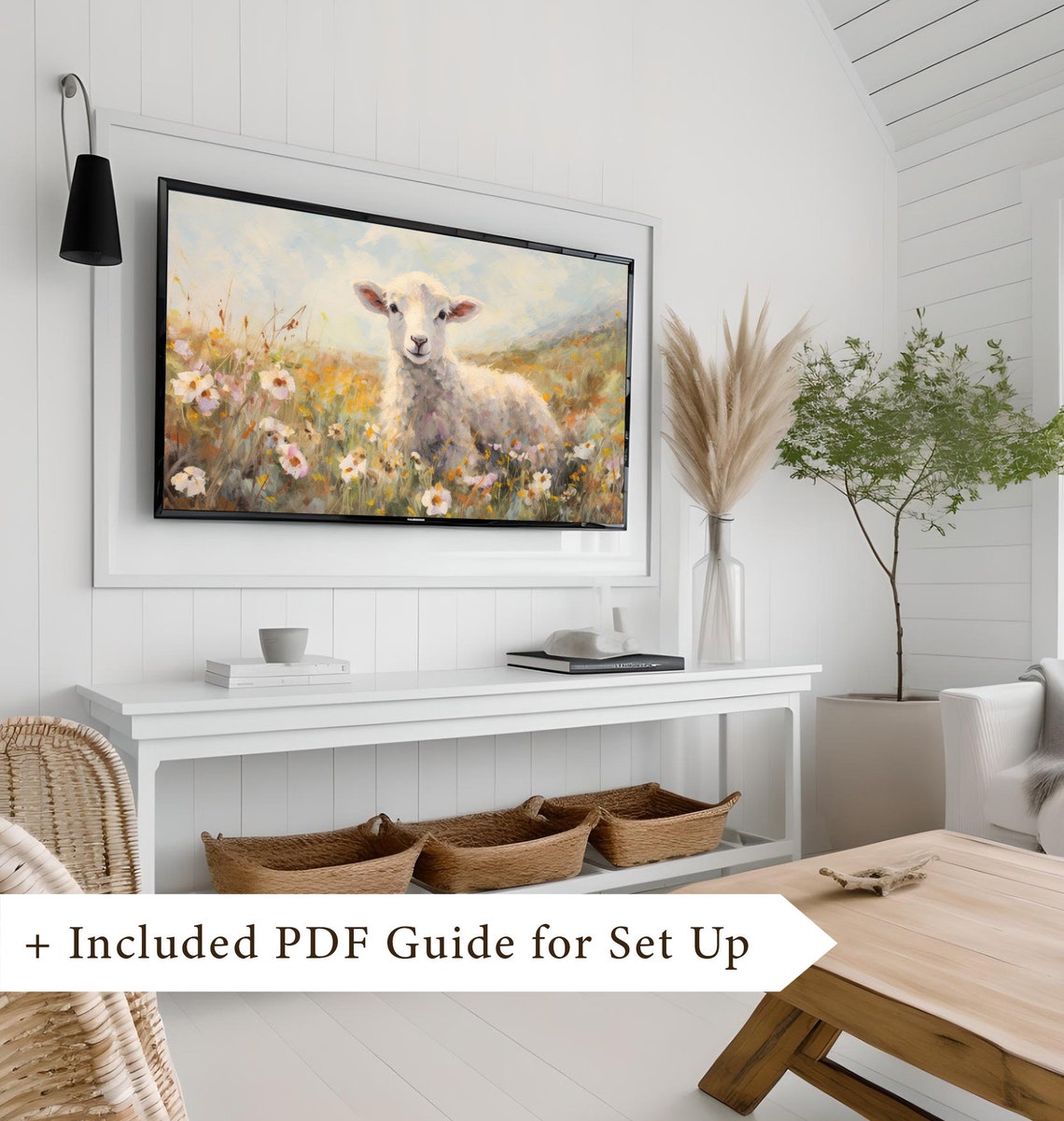 White Lamb in Wildflower Meadow Spring Scene Frame TV Art Poster - Image 8