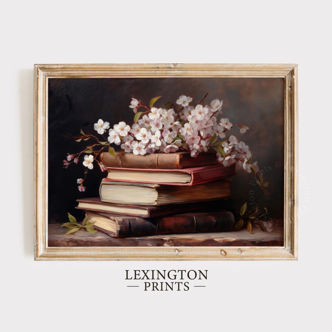 Cherry Blossom Branches Resting on Stack of Old Books Still Life Print
