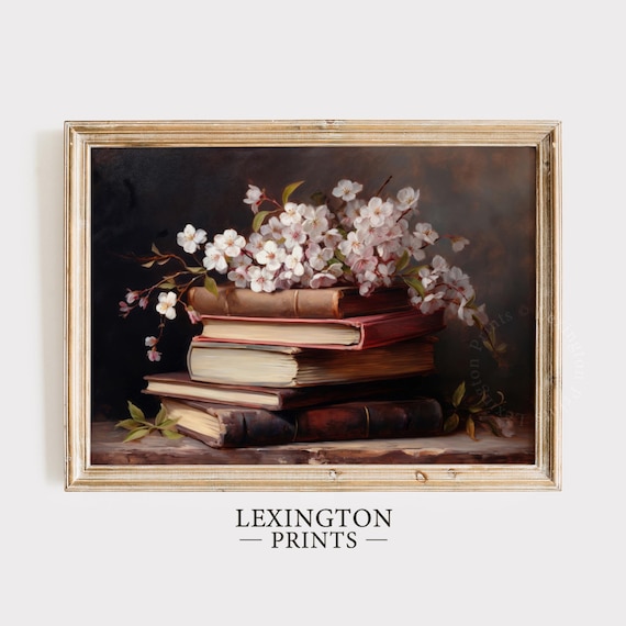 Cherry Blossom Branches Resting on Stack of Old Books Still Life Print