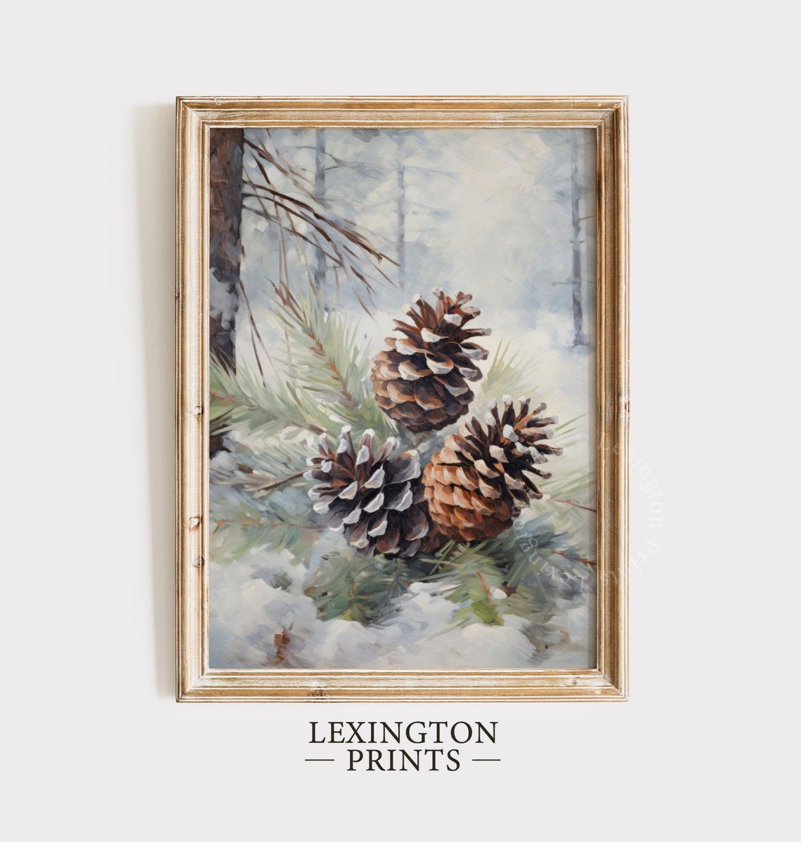 Snow Tipped Pinecones on Frosted Branch Winter Painting Poster - Image 2