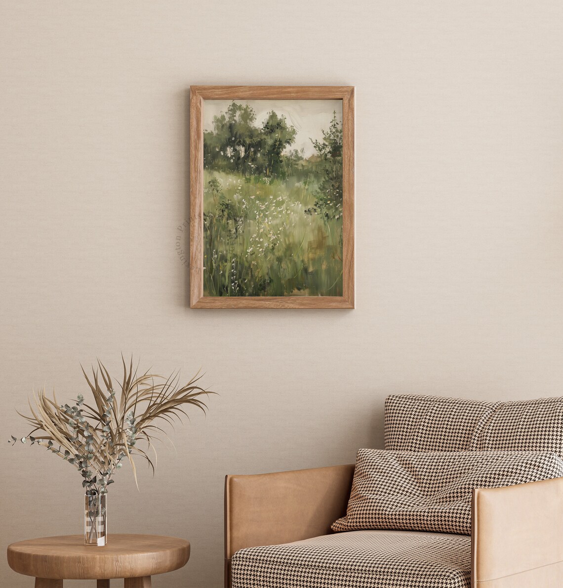 Soft Sunlit Wildflower Morning Meadow with Green Trees Watercolor Art Print - Image 3