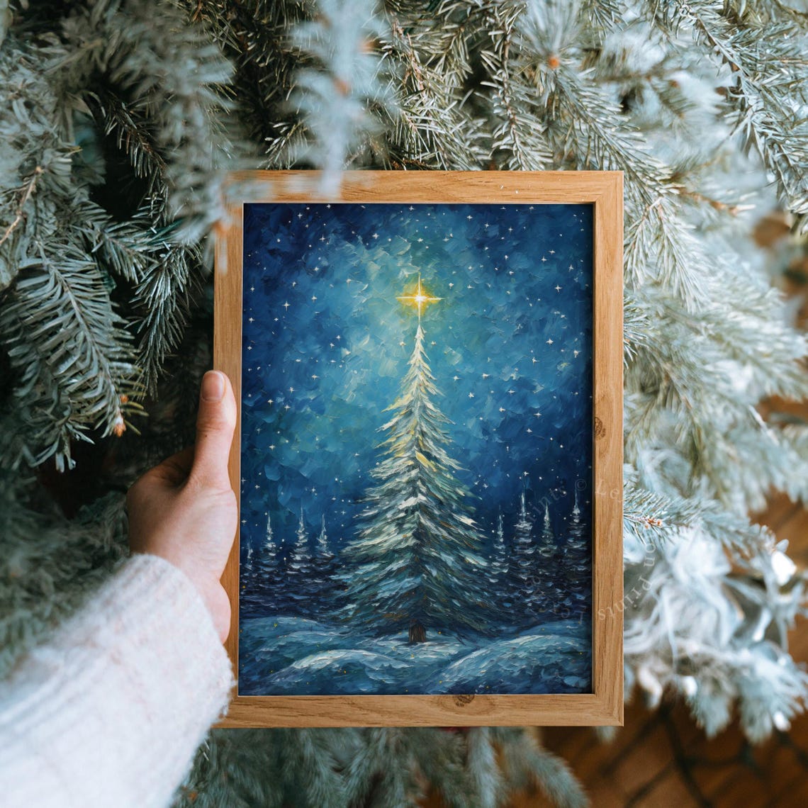 Snowy White Christmas Tree Glowing Star Blue Night Sky Poster - Image 8